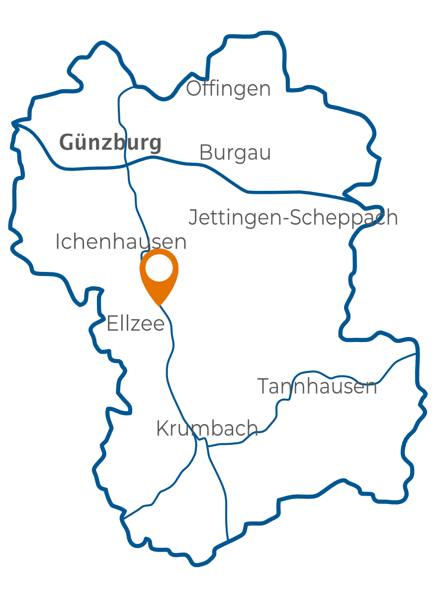 Umriss Landkreis Günzburg mit Stecknadeln auf Ichenhausen