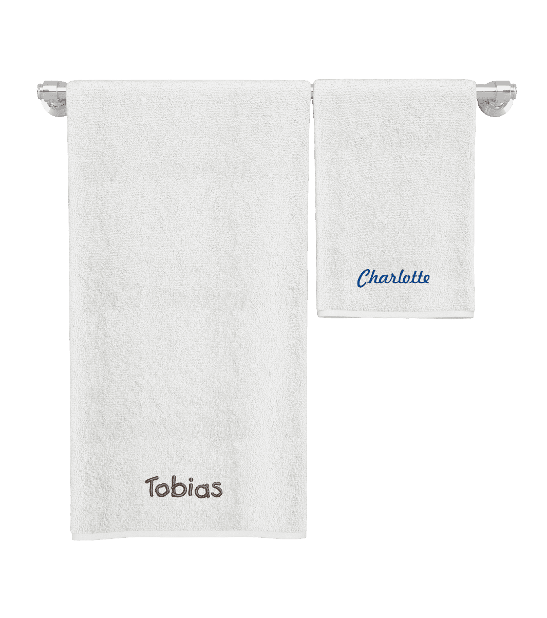 Handtücher mit Namen aus Stick auf einer Stange